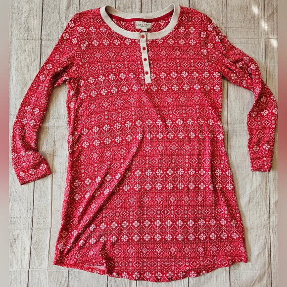 Laura Ashley Size Medium Red Soft Nightgown Cozy Fair Isle Print - Picture 5 of 8